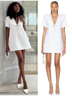 Area Crystal Bow V Neck T-Shirt Mini Short White Dress Size Women’s S